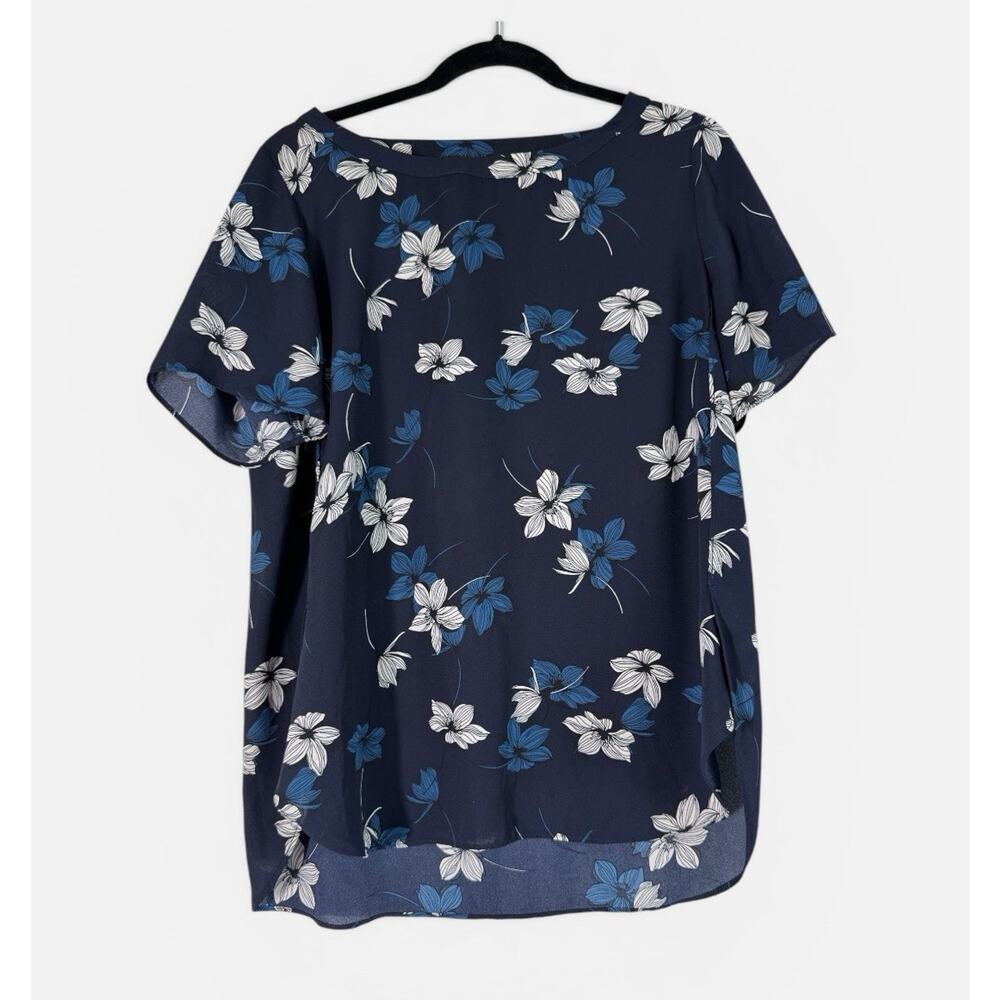 Banana Republic Floral Chiffon Short Sleeve Lightweight Top Navy Blue M Preppy